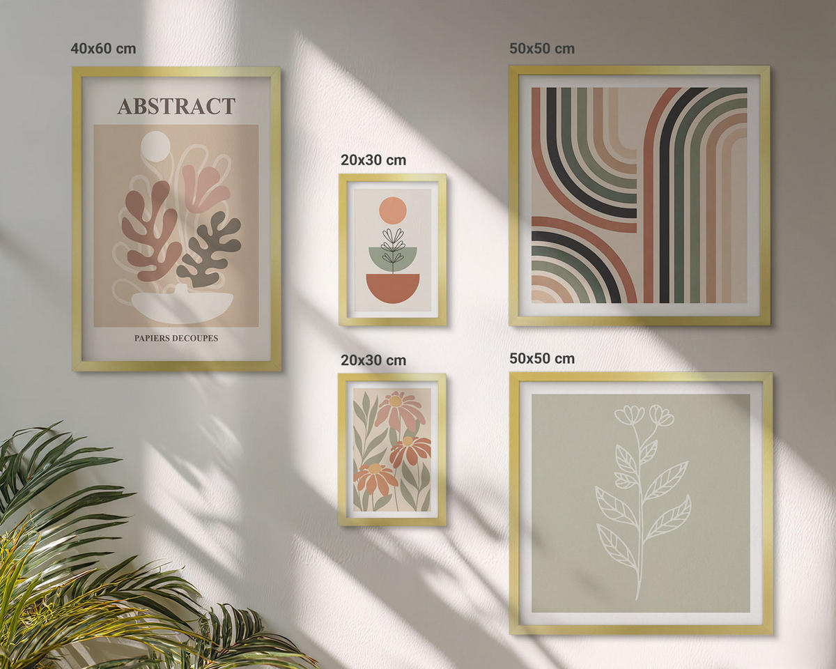 BILDER SET 5er Set - 50x50 cm & 20x30 cm & 40x60 cm Goldrahmen - Abstrakte Pastellpflanzen - Goldfarben, Kunststoff (40/60cm) - TULUP