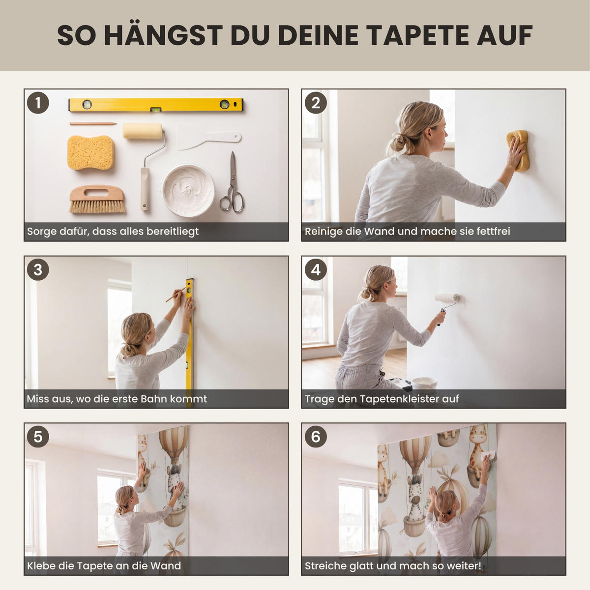 KINDERTAPETE - Safari - Heißluftballons - Taupe - 400x260 cm - Beige, Papier (400/260cm) - OnlyWow