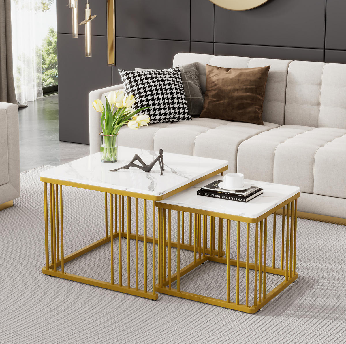 COUCHTISCH 2er-Set ineinanderschiebbar 60 x 60/45 x 45 cm Marmoroptik Weiß - Weiß, Metall (60/60/45cm) - Meubliv