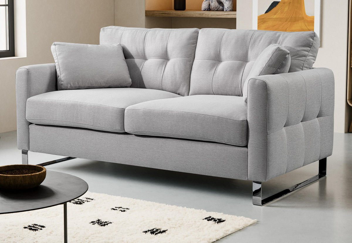 SOFA hellgrau Flachgewebe 2-Sitzer 175 cm, Couch mit Steppoptik - Chromfarben/Hellgrau, Holz/Textil (175/92/94cm) - Inn.Furn