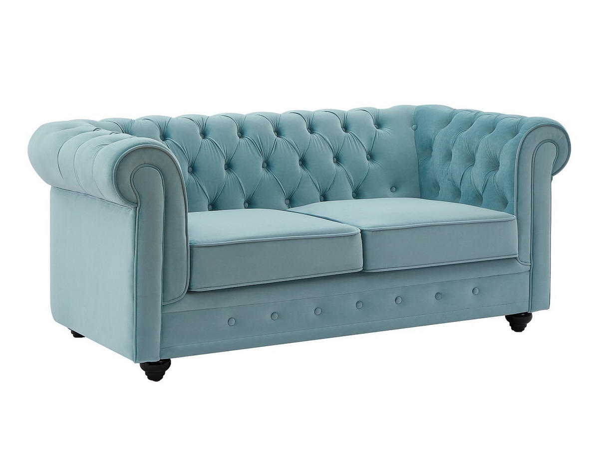 SOFA 3-Sitzer & 2-Sitzer & Sessel - Samt - Pastellblau - CHESTERFIELD - Hellblau, Textil (88/72/205cm) - Vente-Unique