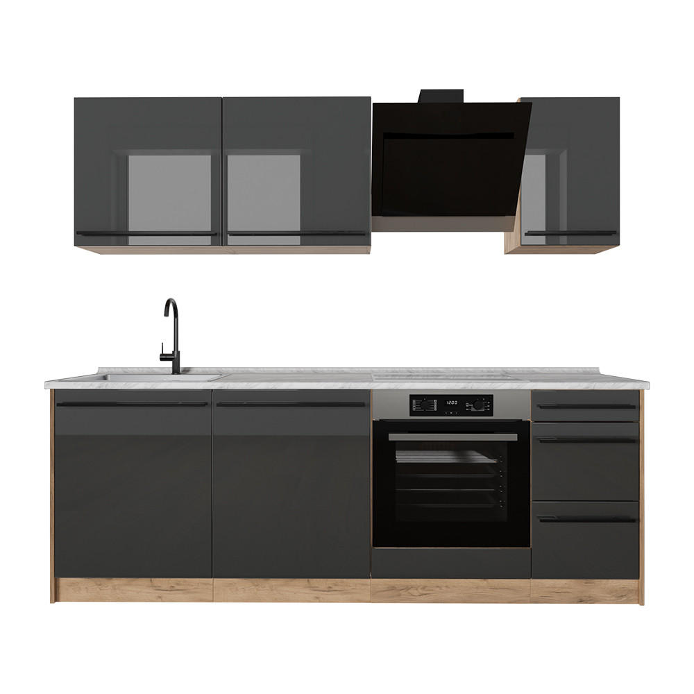 Vicco Küchenzeile Schwarz Hochglanz, Honigeiche 220x81.6x60 cm