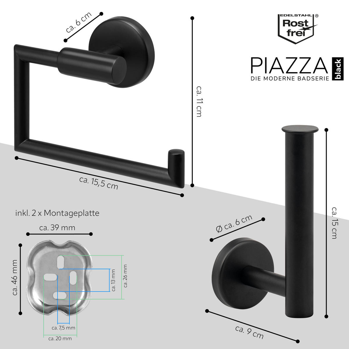 TOILETTENPAPIERHALTER PIAZZA BLACK 2er Set, Edelstahl - Schwarz, Metall (15.5/11/6cm)