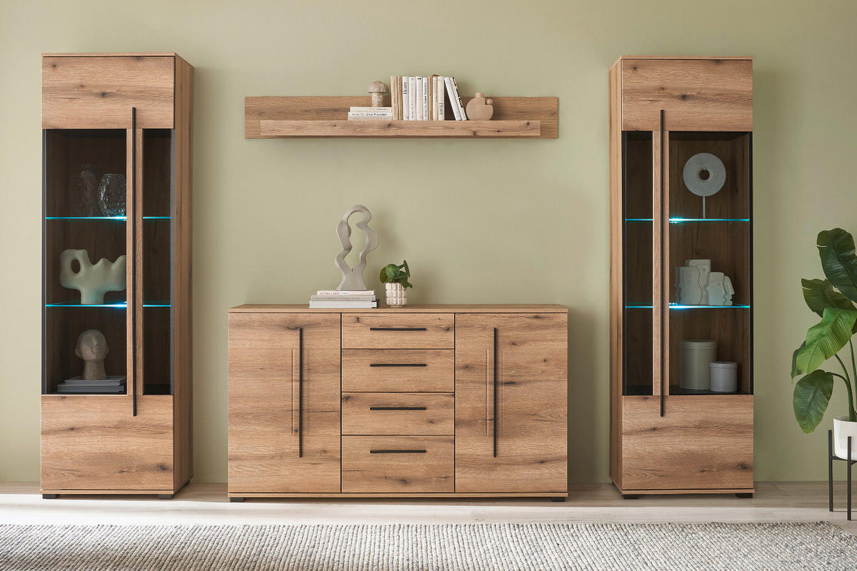 VITRINE Eiche Evoke, Vitrinenschrank 60 cm mit Beleuchtung - Eichefarben/Schwarz, Glas/Holzwerkstoff (60/200/37cm) - Furn.Design