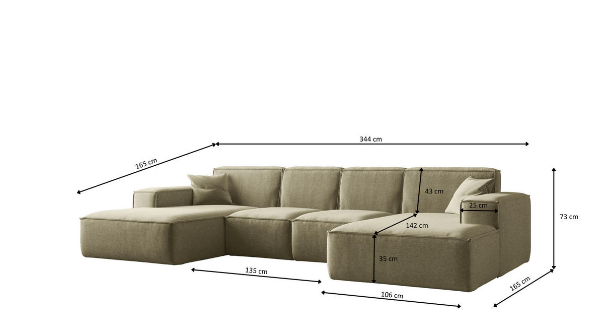 ECKSOFA U-Form Siena mit Stoff Maloy Olive - Olivgrün, Holz (344/165cm) - Kaiser Möbel