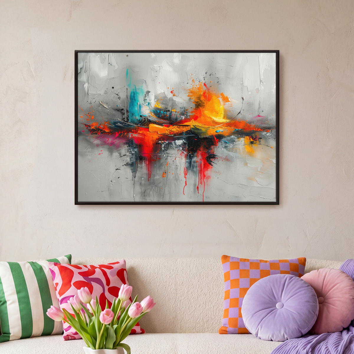 LEINWAND Bilder mit Rahmen - Moderne Kunst - Orange - Grau - Abstrakt - 70x50 - Hellgrau, Textil (70/50cm) - MuchoWow