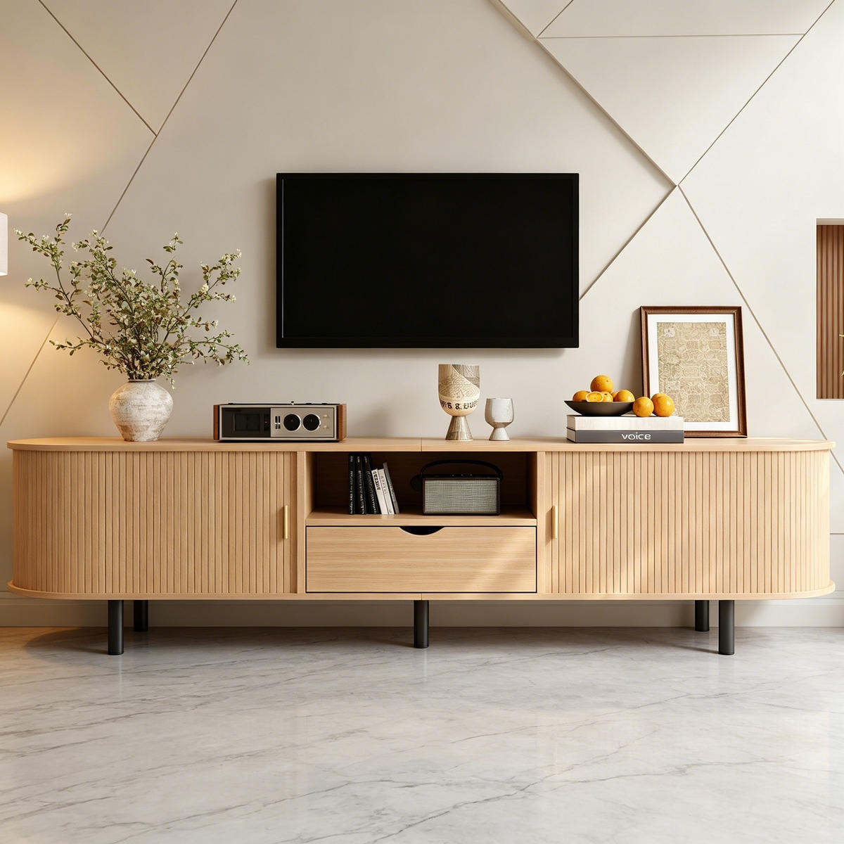 TV-SCHRANK 175cm Rollo Tür Schublade Lowboard Naturholz - Naturfarben, Holzwerkstoff (175/55/40cm) - FLIEKS