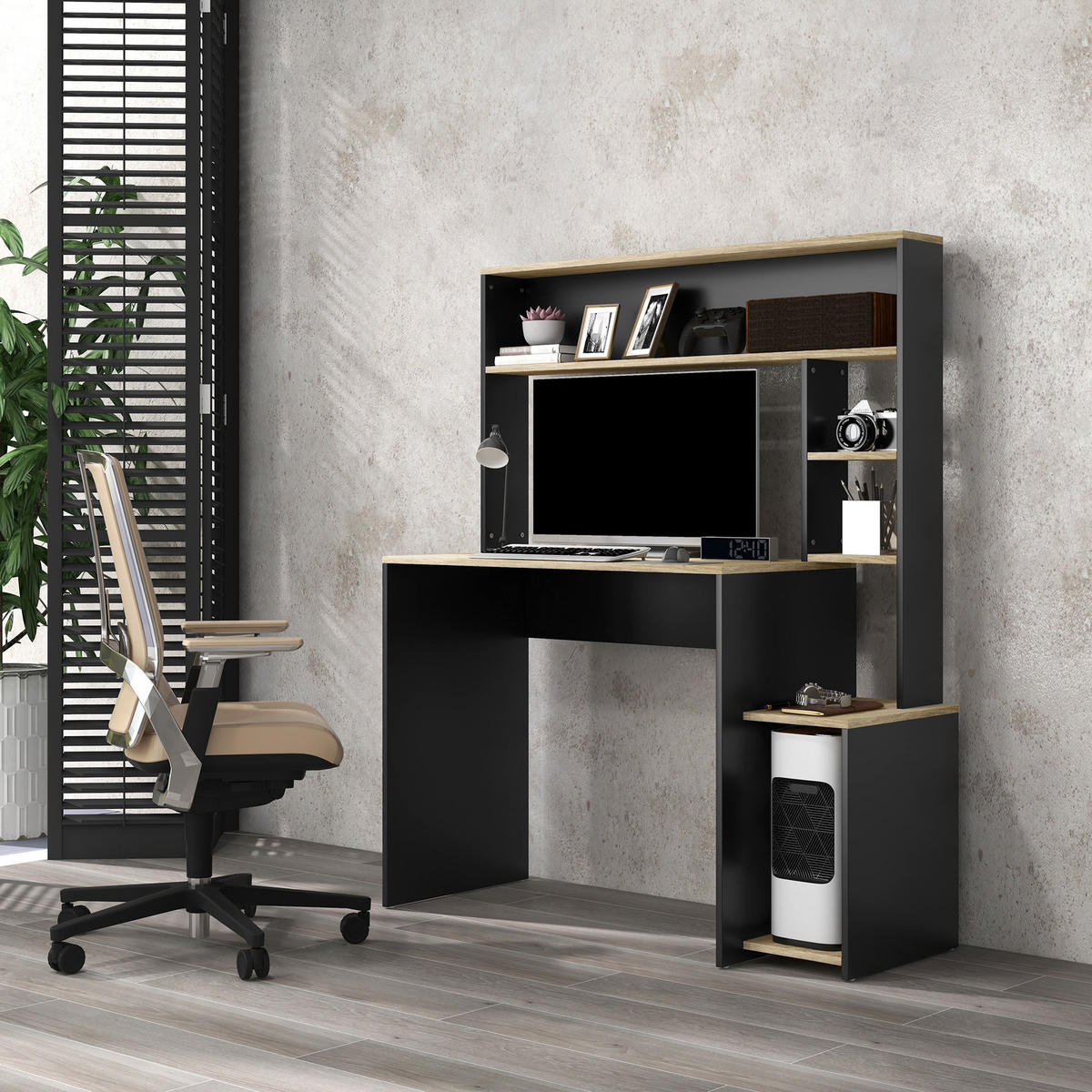 SCHREIBTISCH mit Regalen und PC-Halterung für das Homeoffice 114/45/138 cm - Grau, Holzwerkstoff (45/114/138cm) - PANGIVO
