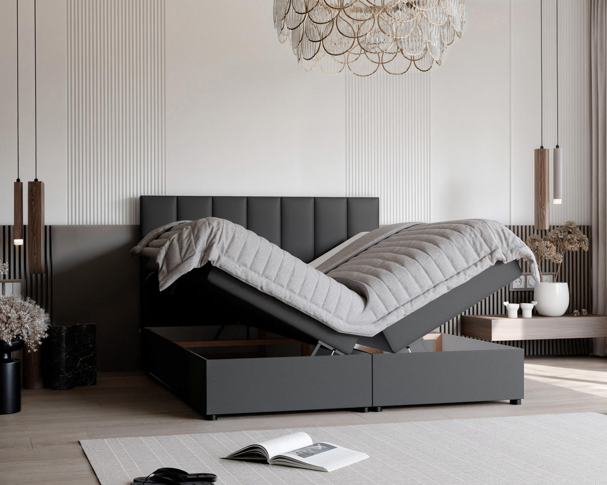 BOXBETT ZELTO 200/200 cm, mit Matratze und Topper, Schwarz - Schwarz, Holzwerkstoff/Textil (200/200cm) - Idohome