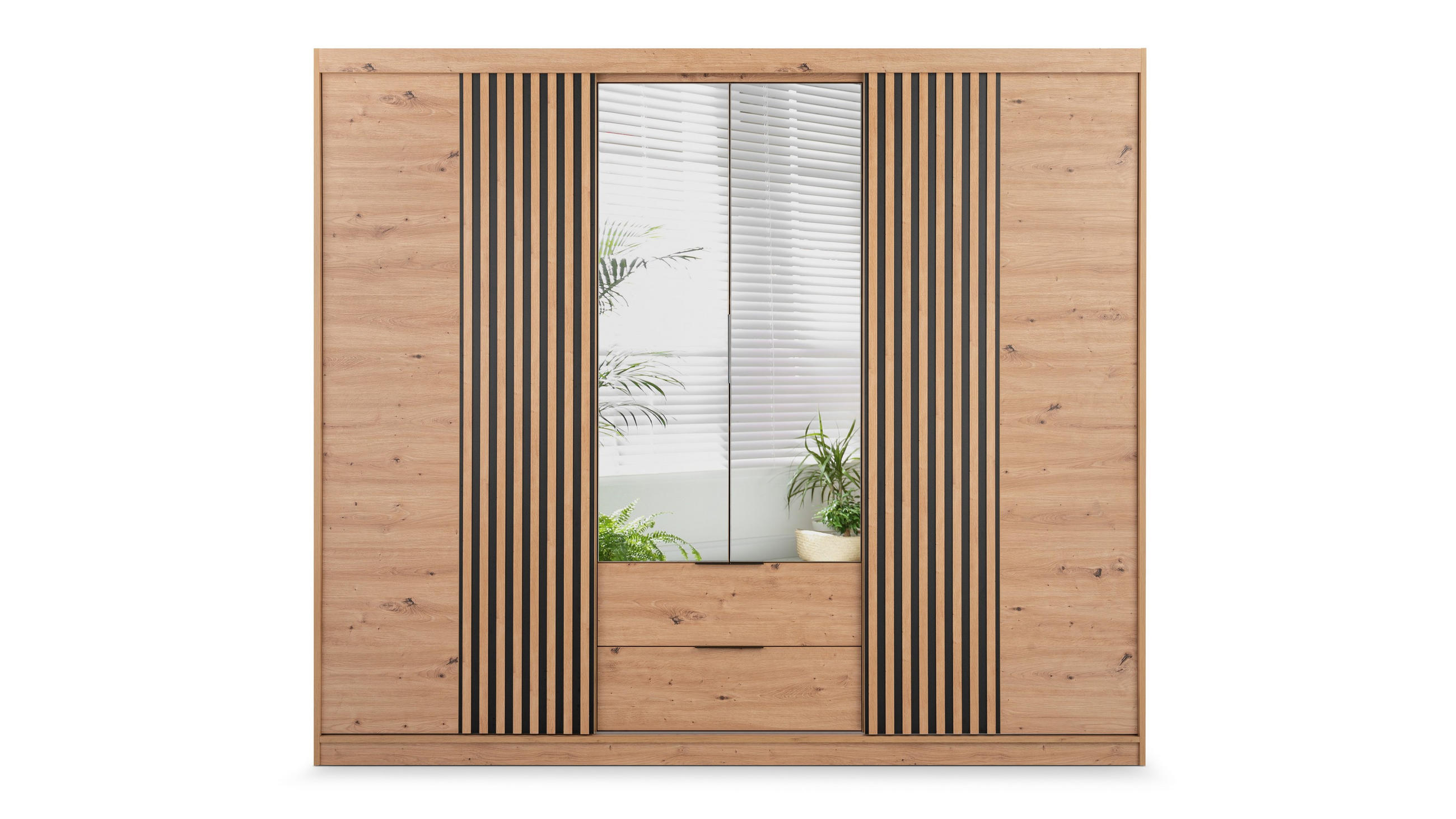 SCHWEBETÜRENSCHRANK AKALI 250/213/60 cm 4-türig mit Spiegel Eiche Artisan - Eiche Artisan, Holzwerkstoff (250/213/60cm) - MASSENO