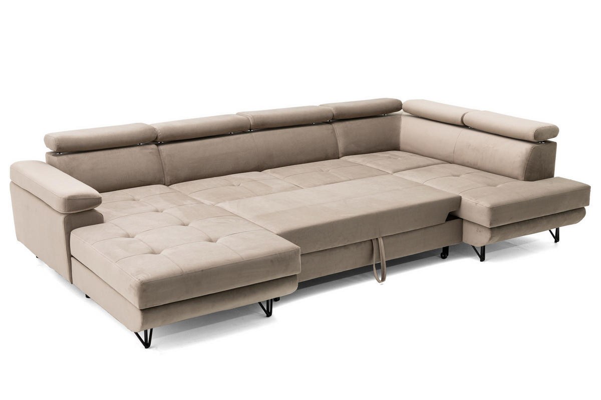 ECKSOFA U-Form JUNIOR U Rechts mit Schlaffunktion 128x254 Velours Beige - Beige/Schwarz, Holz/Textil (184/90/323cm) - Muffo
