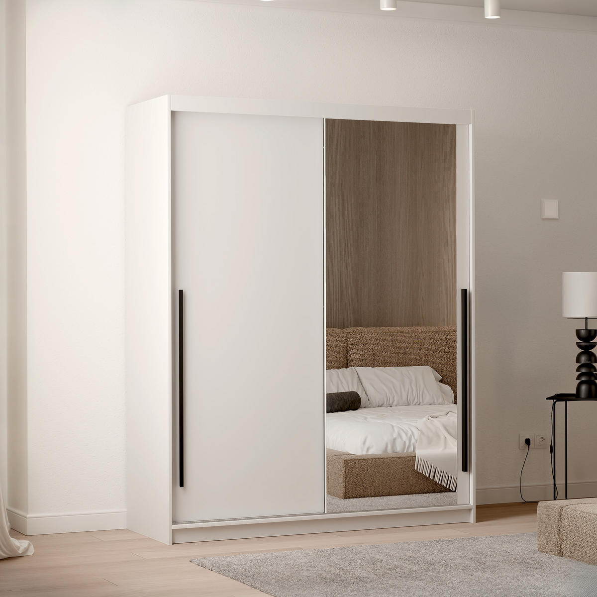 SCHIEBETÜRENSCHRANK SILENTE 160 cm mit Einlegeböden und Kleiderstange - Weiß, Holzwerkstoff (160/205/60cm) - Idohome