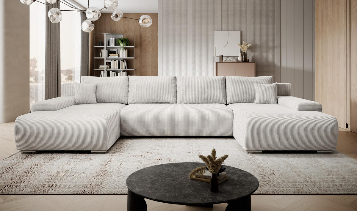 ECKSOFA Credo mit Schlaffunktion und Bettkasten, Couch U-Form, 348x81x185 cm, Beige - Beige, Holz (348/170cm) - PROMETO Möbel