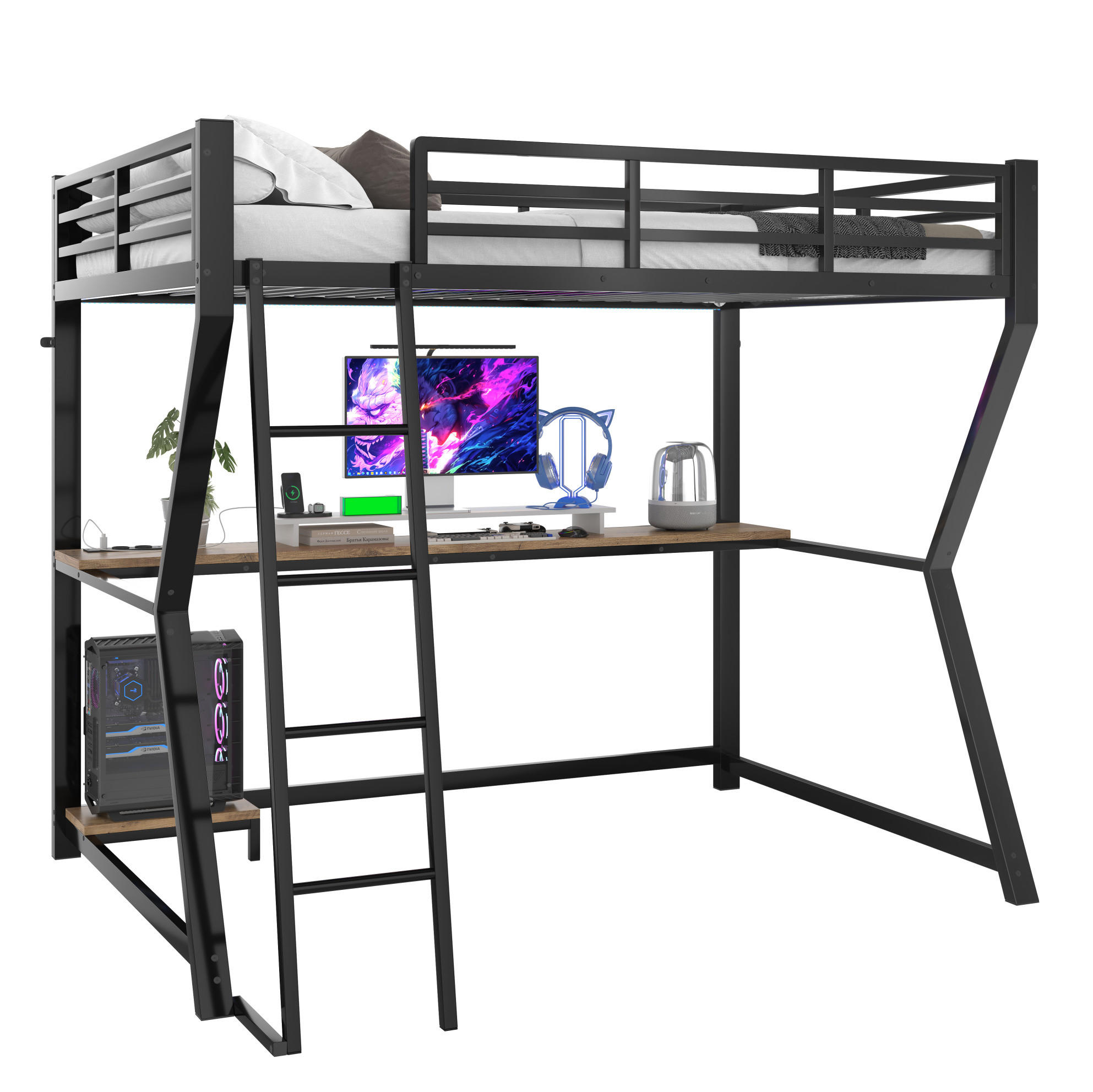 HOCHBETT 90/200 cm in Schwarz – mit Schreibtisch, Treppe und Rausfallschutz - Schwarz, Metall (90/200cm) - BEAOK
