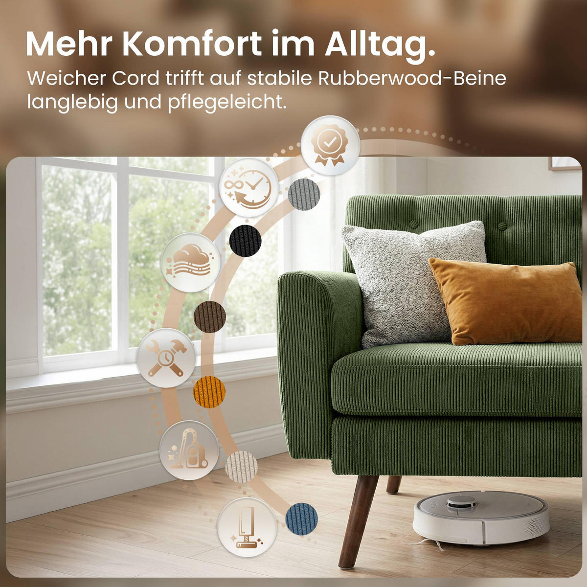 SOFA 120/74 cm Cord Grün - Braun/Grün, Holz/Textil (120/81/74cm) - CLP