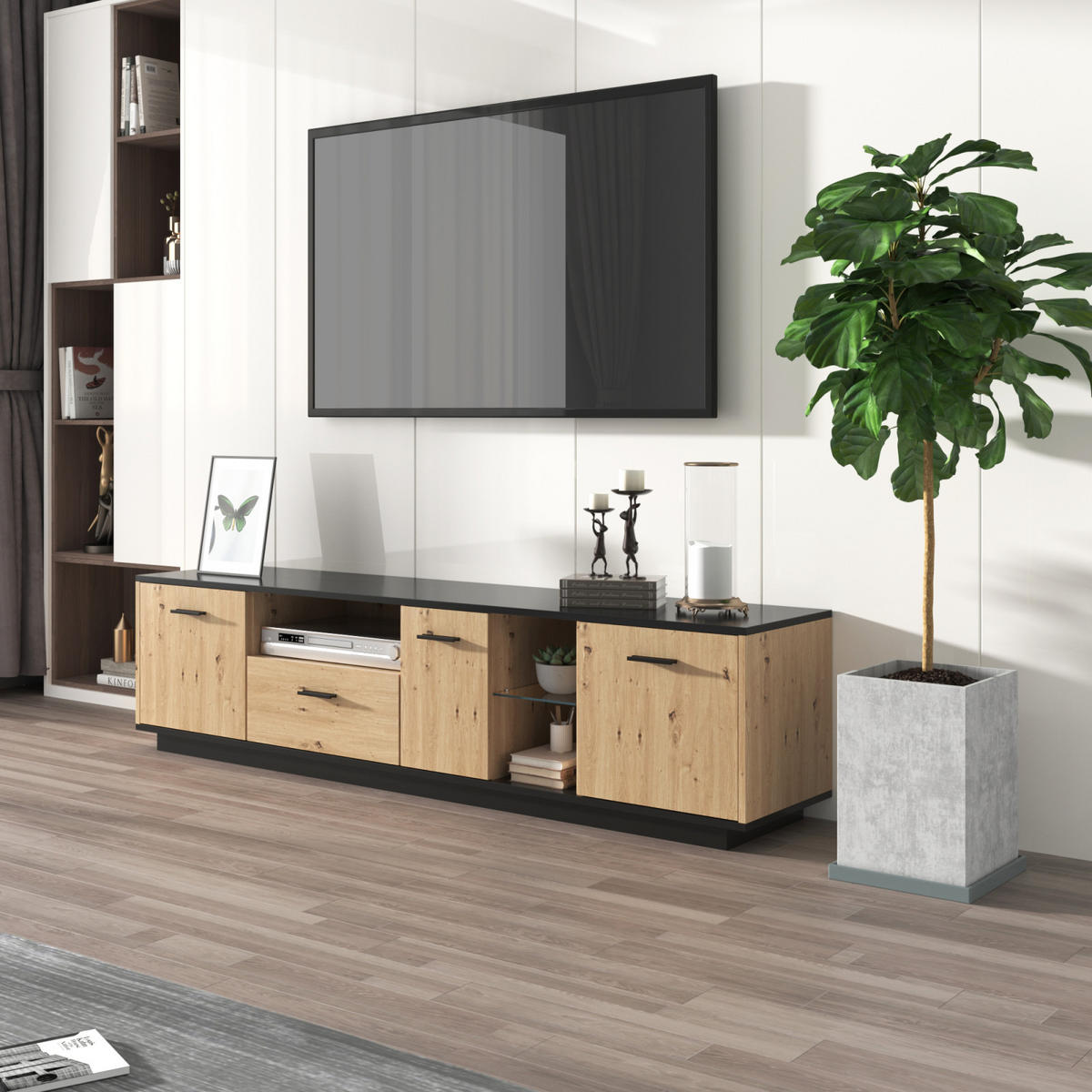 TV Lowboard LED, 3 Türen, 2 offene Fächer, Schwarz Natur - Schwarz, Holz (180/50/40cm)