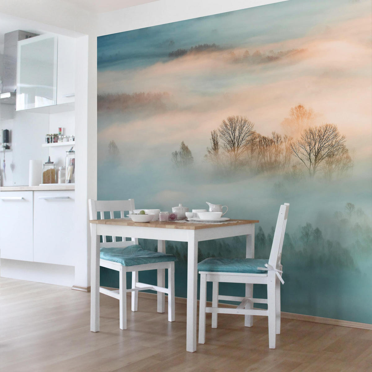 FOTOTAPETE Nebel bei Sonnenaufgang 288/288 cm - Eichefarben, Papier (288/288cm) - Bilderwelten