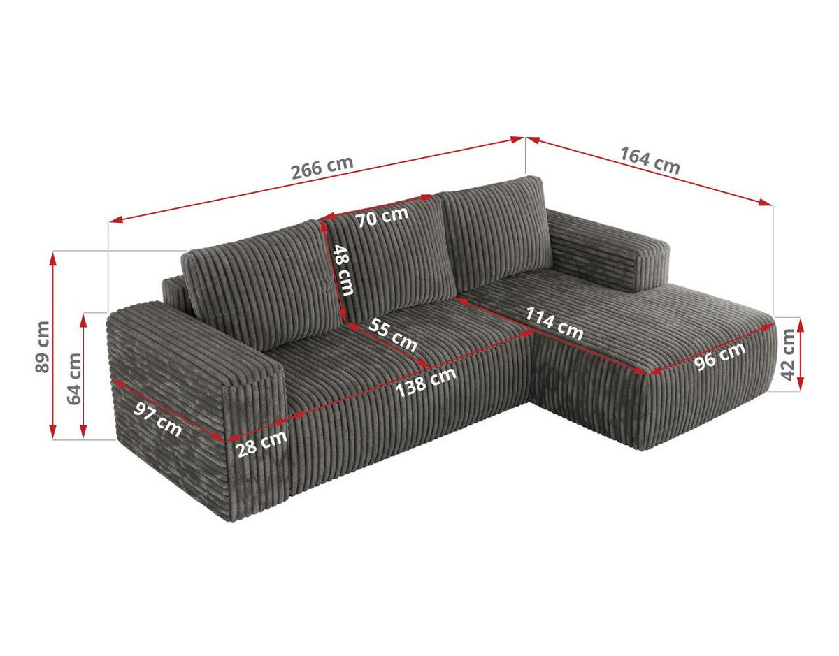 ECKSOFA TRENTINO L Dunkelgrau Cord - Links - Dunkelgrau/Schwarz, Textil (266/164cm) - MKS