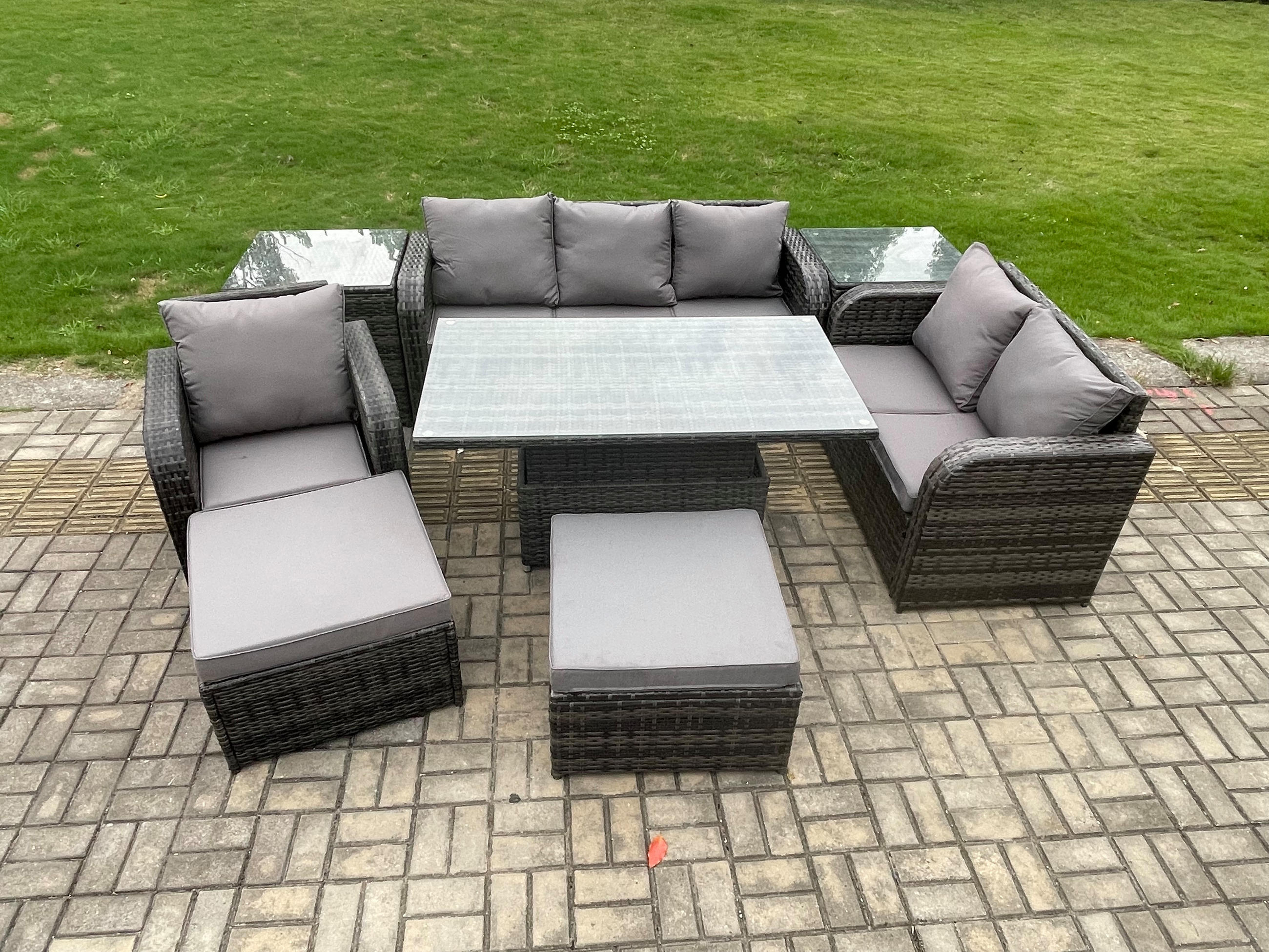 GARTENMÖBEL SET mit 2 Beistelltisch Höhenverstellbarer Esstisch 8-Sitzer Grau - Dunkelgrau/Grau, Glas/Kunststoff - Fimous