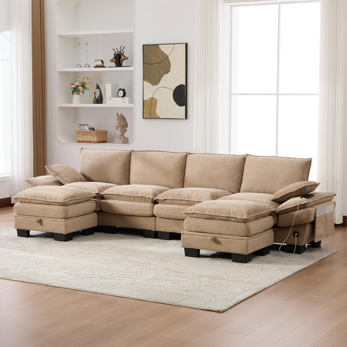 WOHNLANDSCHAFT Cord Khaki mit USB-C, Seitentaschen und 2 Hockern - Hellbraun, Holzwerkstoff/Kunststoff (330/84/132cm) - WISHDOR