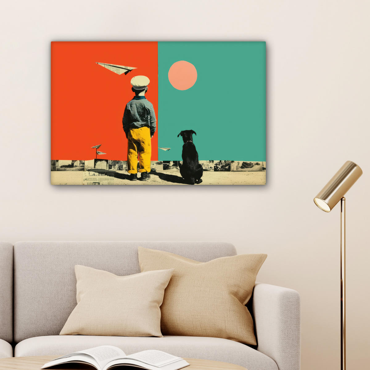 LEINWANDBILD Retro - Junge - Hund - Rot - Grün Wanddeko 90x60 cm - Orange, Textil (90/60cm) - MuchoWow