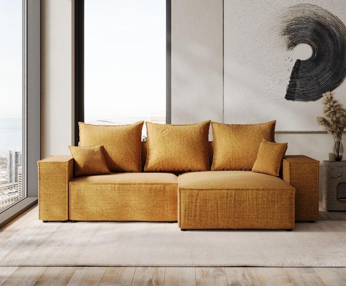 ROHOVÁ SEDAČKA SENSO, textil, Medově žlutá - černá/med, dřevo/kompozitní dřevo (255/148cm) - AltaBeds