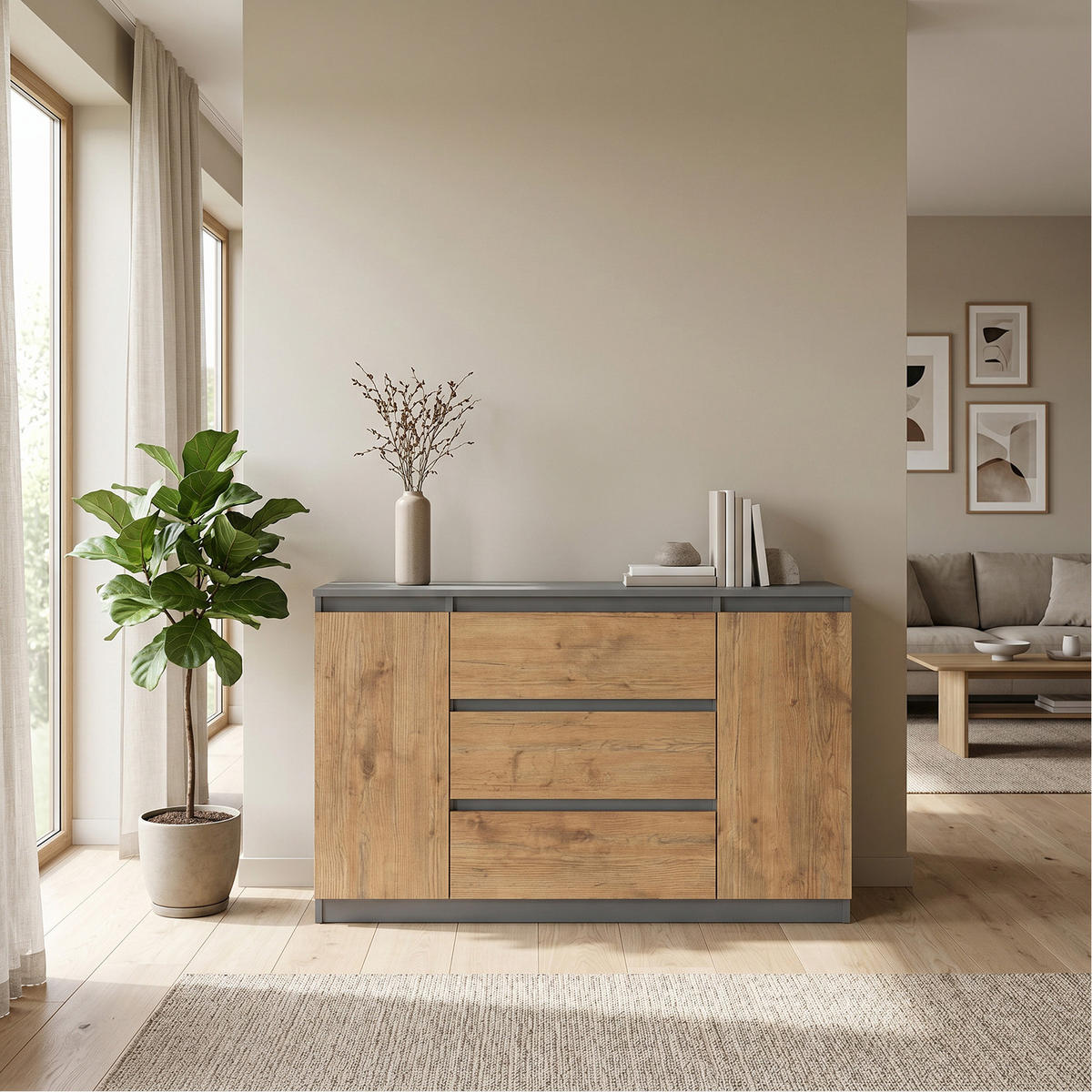 KOMMODE NUDO 120/78,5/39cm mit 3 Schubladen 2 Türen Anthrazit - Eichefarben/Anthrazit, Holzwerkstoff (120/78.5/39cm) - MASSENO