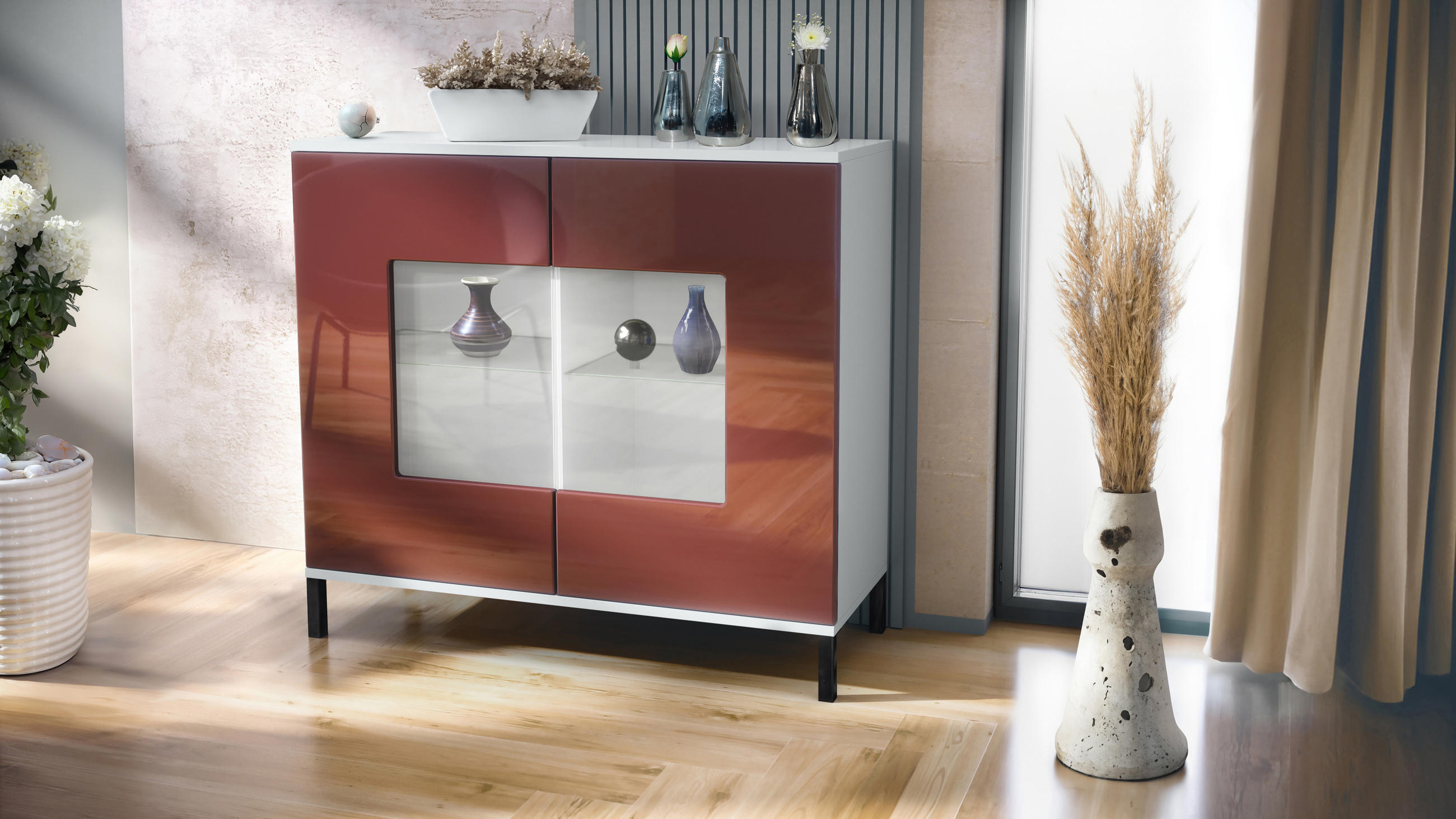 KOMMODE Grömitz Bordeaux Hochglanz - Bordeaux, Holzwerkstoff (92.5/83.5/35cm) - Vladon