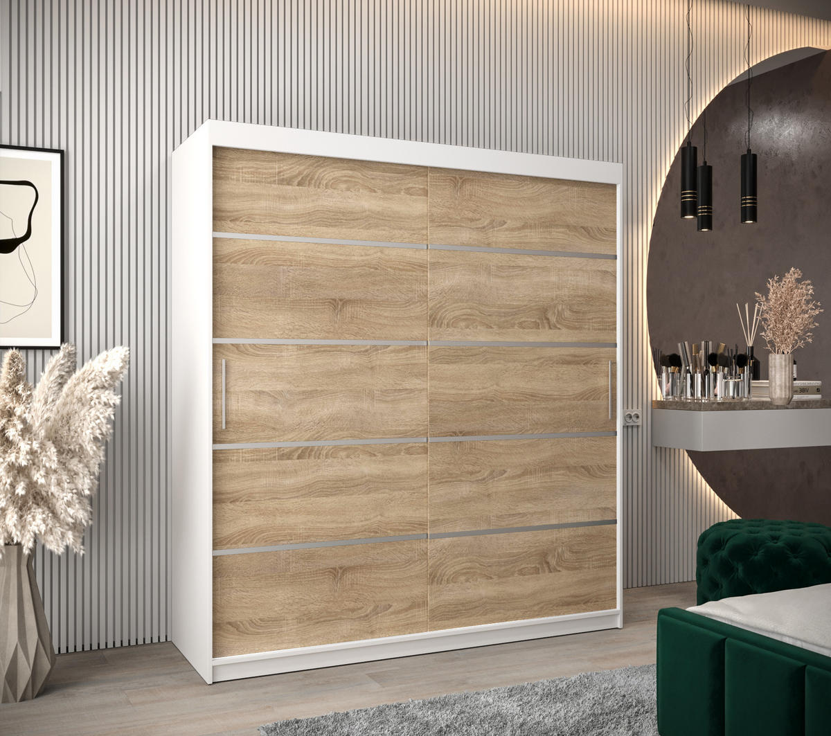 SCHWEBETÜRENSCHRANK 200/180/62 2-türig - Silberfarben/Weiß, Holz/Kunststoff (180/200/62cm) - MÖBEL KRYSPOL