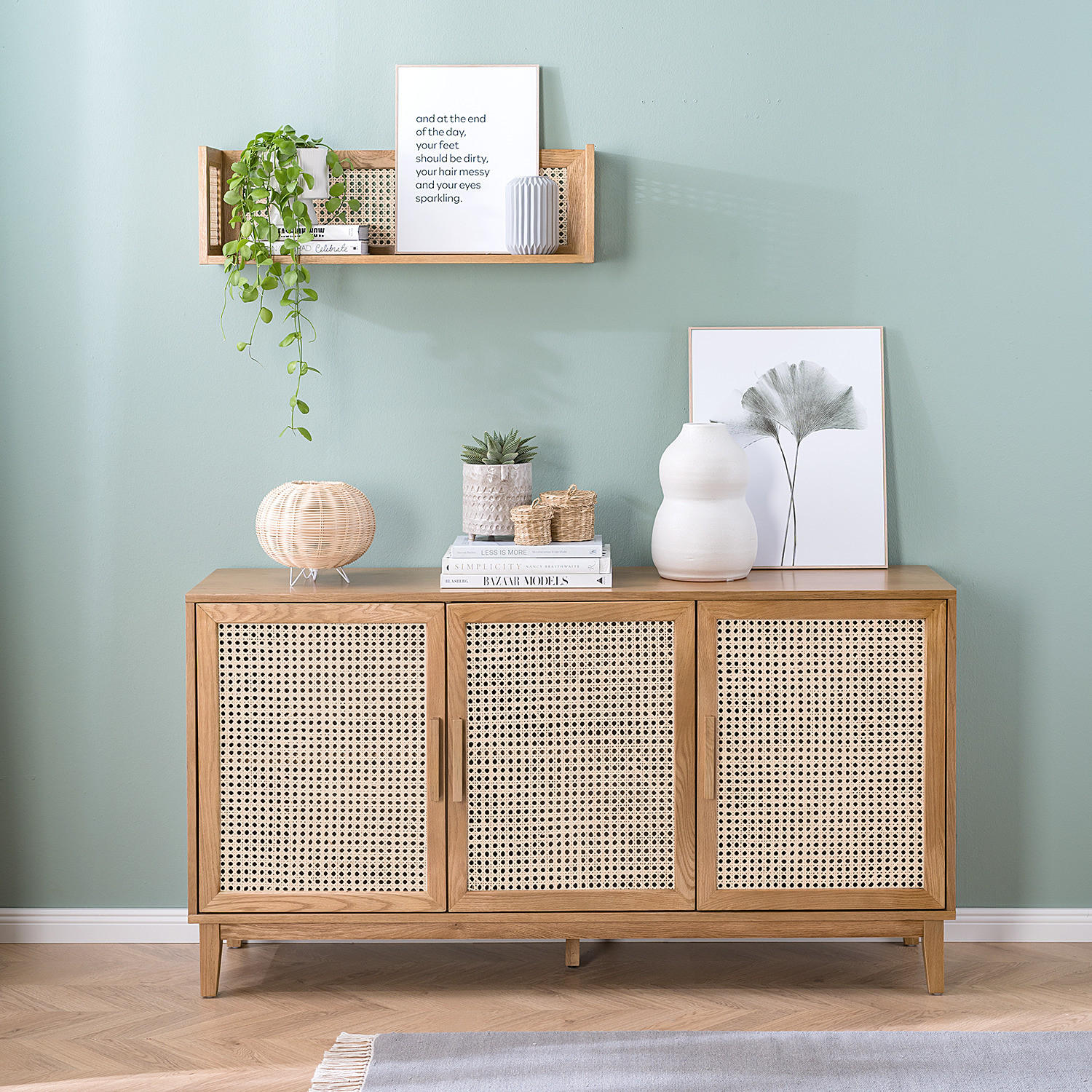 SIDEBOARD - Wiener Geflecht / Echtholzfurnier - Eichefarben, Naturmaterialien (150/80/40cm) - home24