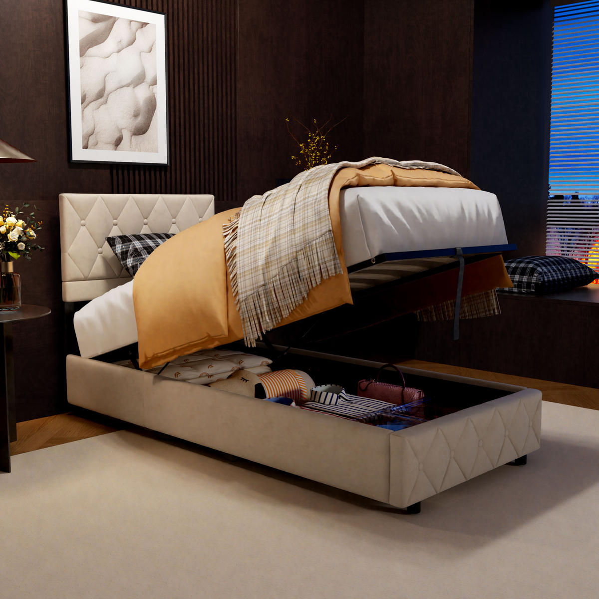 POLSTERBETT 90/190 cm mit hydraulischem Stauraum aus Samt, Beige - Beige, Textil (90/190cm) - Redom