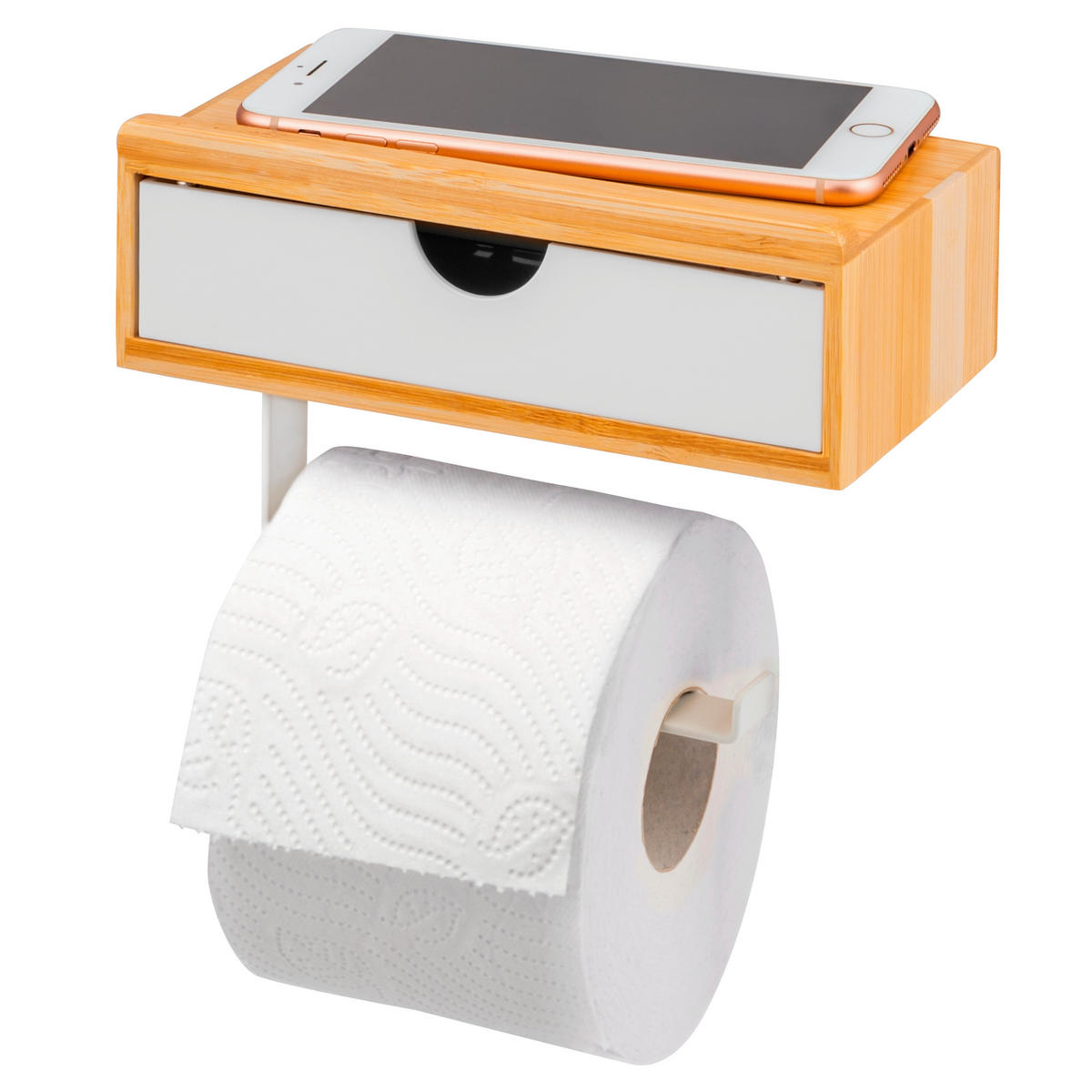 TOILETTENPAPIERHALTER 3in1 Bambus/Metall weiß - Weiß, Holz (18.5/13/10.5cm) - eluno