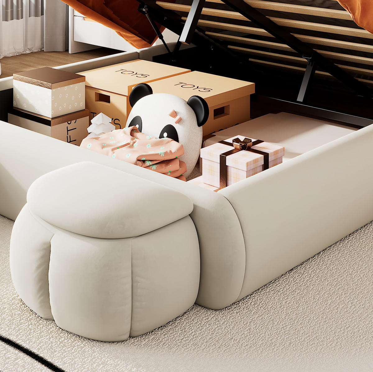 POLSTERBETT 140/200 cm aus Samt mit LED-Hasenohren und Stauraum Beige - Weiß, Textil (140/200cm) - Modenvie