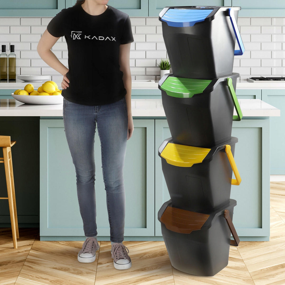 ABFALLBEHÄLTER mit Griff, 4x25L - Blau/Gelb, Kunststoff (32.5/36/40cm) - KADAX