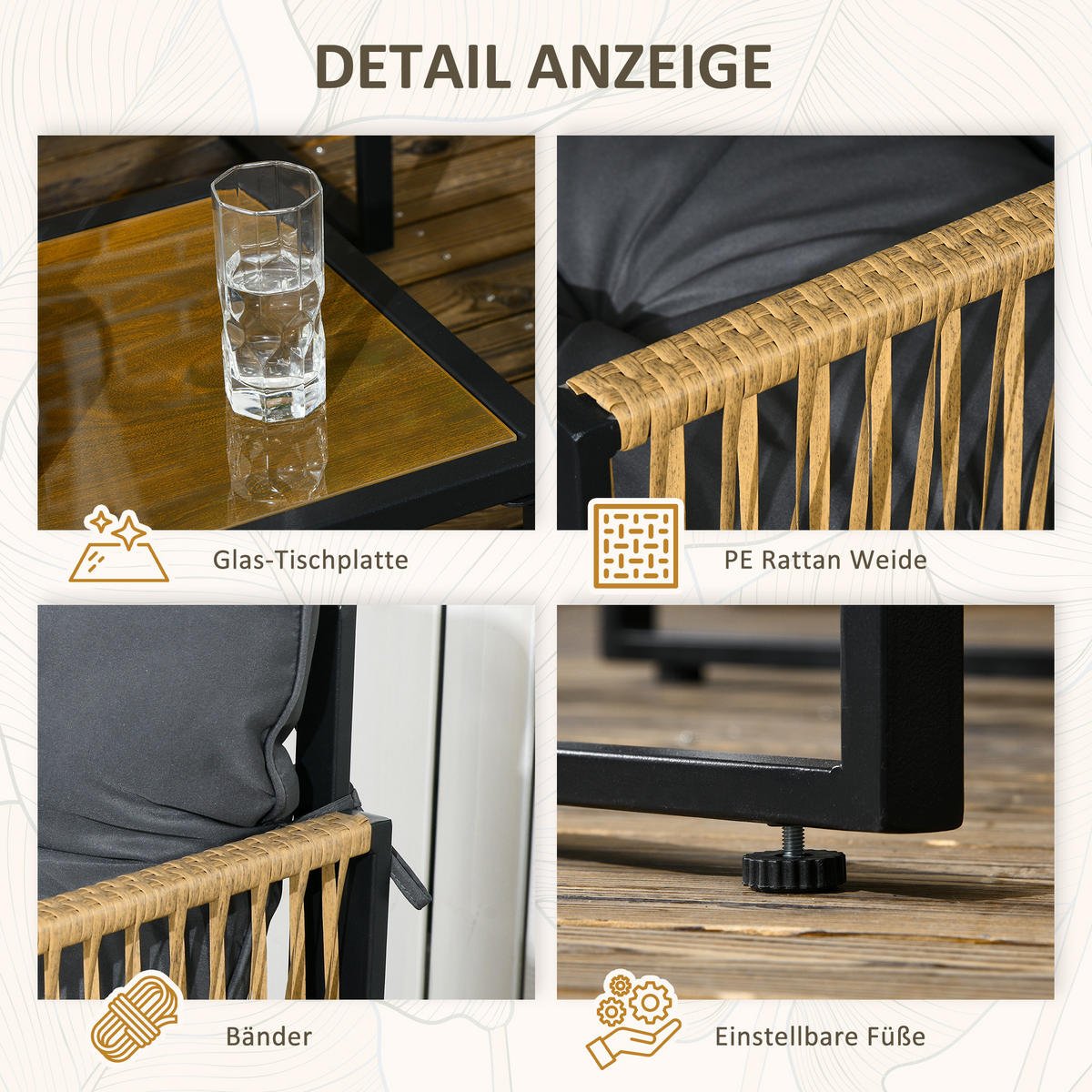 SITZGRUPPE mit Kissen, 4 tlg. Rattan Gartenmöbel-Set, Sitzgarnitur für Garten, Braun - Dunkelgrau, Kunststoff - Outsunny