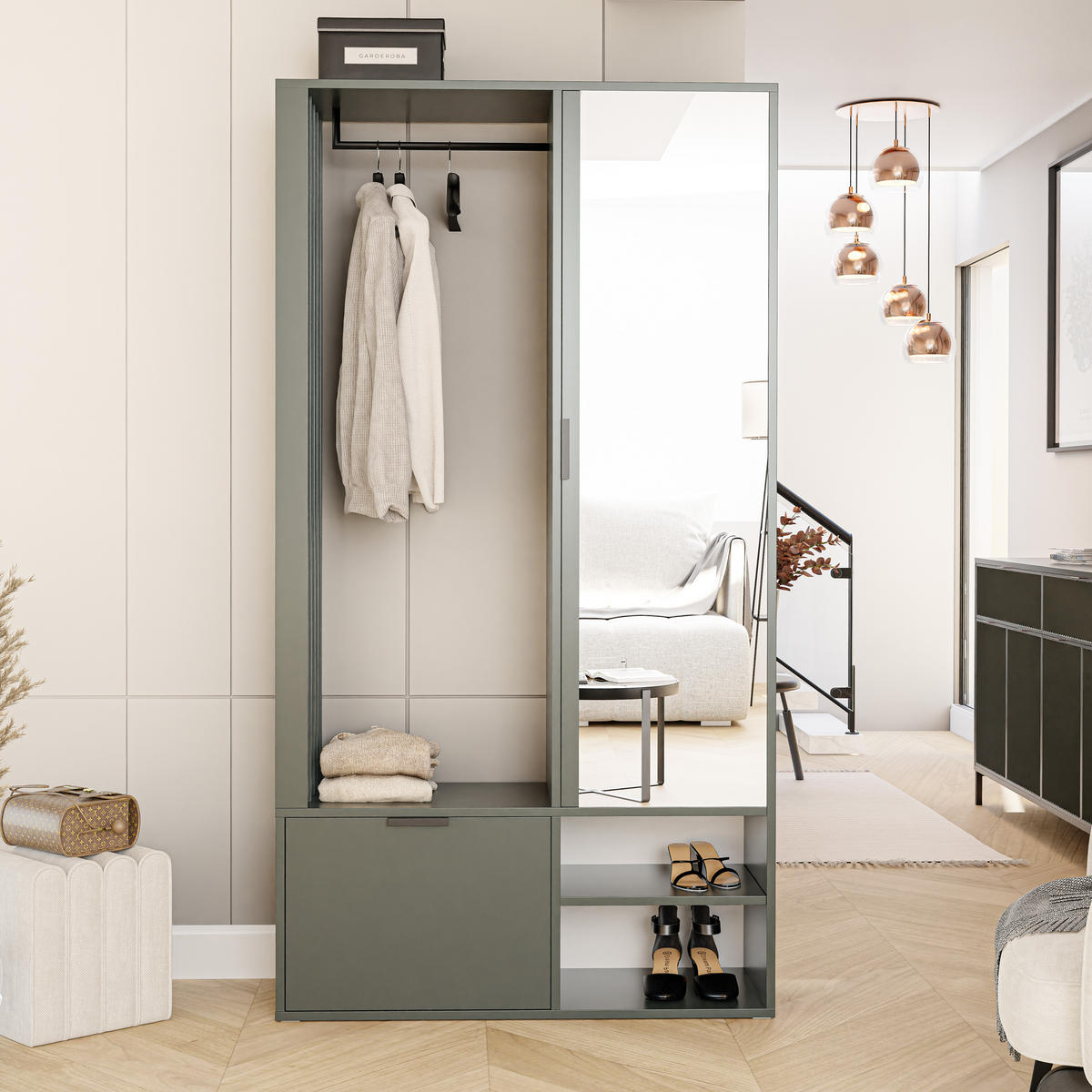 GARDEROBENSCHRANK mit Spiegel-mit Ablagen und Kleiderstange - Grün, Holzwerkstoff (100/190/33cm) - Idohome