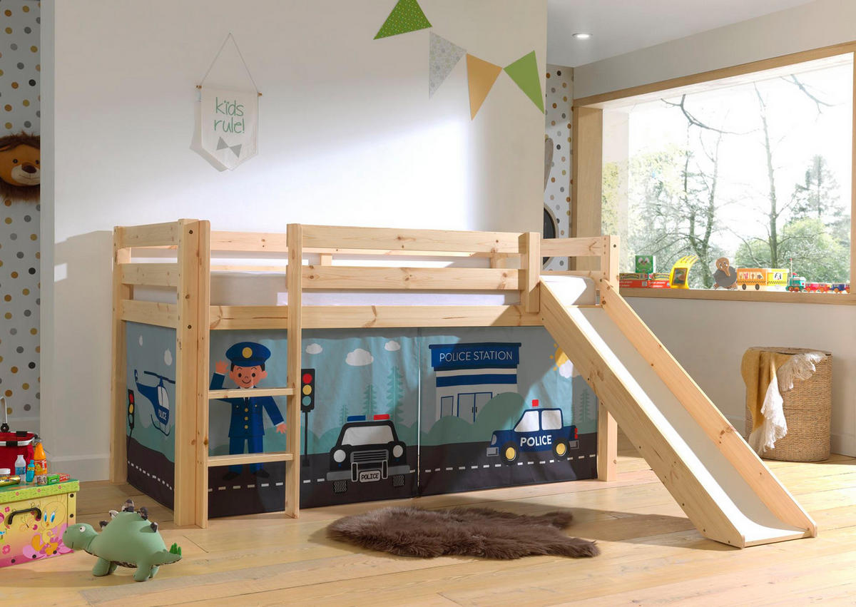 HOCHBETT mit Rutsche Karolina Massivholz Natur Textilset Polizei - Kieferfarben/Hellblau, Holz (90/200cm) - 58aufmkessel