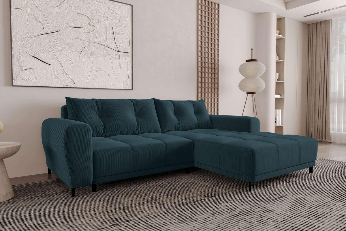 ECKSOFA Massimo Cordstoff Blau inkl. Schlaffunktion Rechts - Blau/Schwarz, Textil/Metall (246/177cm) - 99rooms