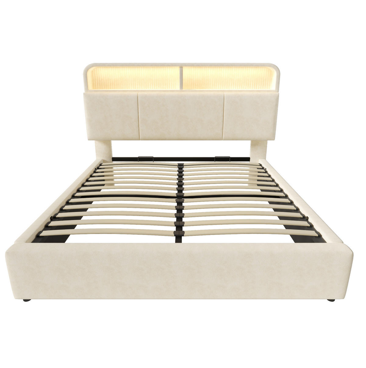 BETT mit Stauraum und LED 140x200 cm Samt Beige mit Lattenrost - Beige, Metall (140/200cm) - Meubliv
