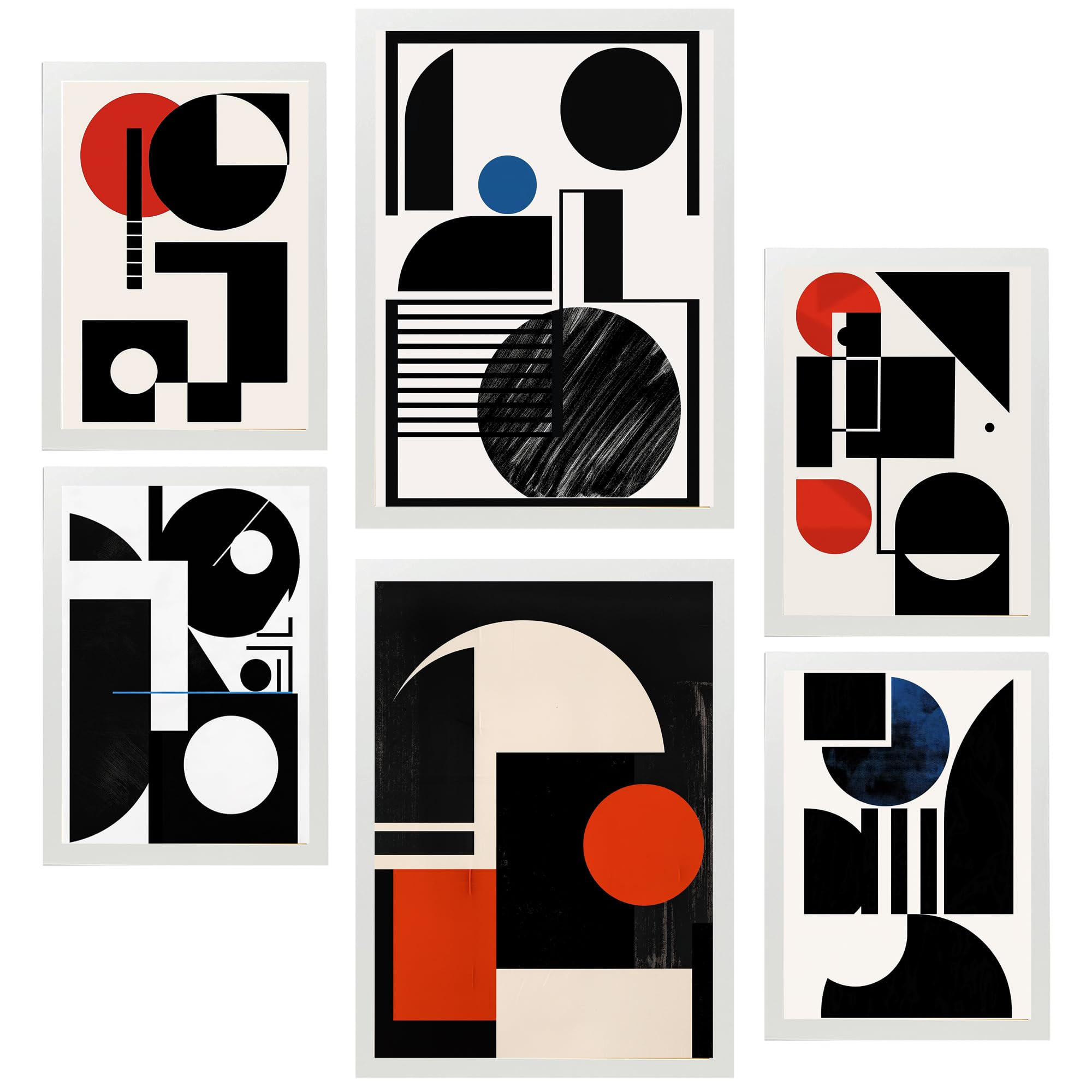 POSTER Set Mit 6 Bauhaus Blau Rot Schwarz A3 & A4 Weißer Rahmen - Weiß, Papier (29/3cm) - Nacnic