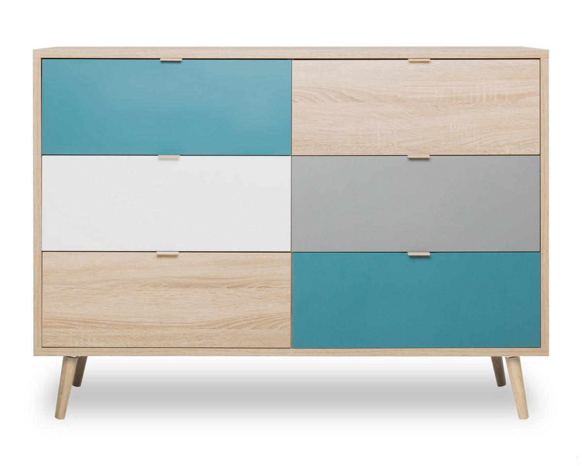 SCHUBLADENKOMMODE Eiche Sonoma, Petrol, weiß, grau, Kommode Tricolor skandinavisch - Eichefarben/Petrol, Holz/Holzwerkstoff (120/87/40cm) - Furn.Design