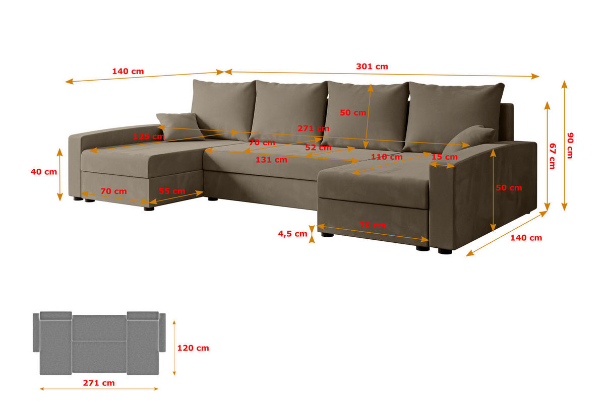 WOHNLANDSCHAFT mit Schlaffunktion und Bettkasten ALESIA-U 301x140x90 cm Braun Velours - Silberfarben/Braun, Holzwerkstoff/Kunststoff (301/90/140cm) - ALTDECOR