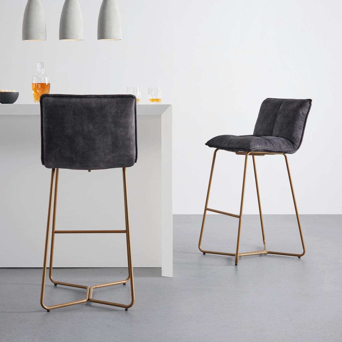 BARHOCKER Fonia Dunkelgrau Samt Gepolstert - Dunkelgrau, Holz (46/103.5/57cm) - Bessagi Home