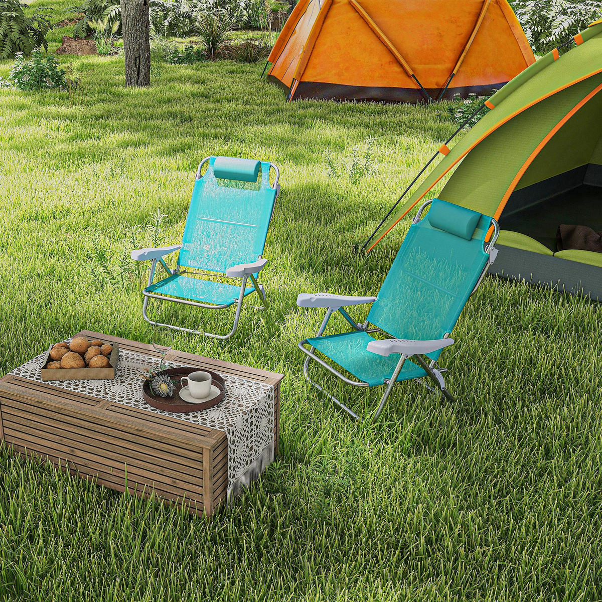 GARTENSESSEL DE-15628 2er-Set, 6-fach verstellbar mit Kopfkissen - Grün, Metall (65/80/62cm) - ComfortXL