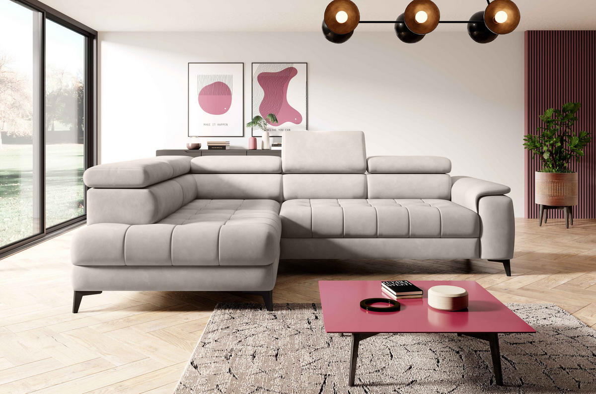 ECKSOFA CHIVAS Freistehend , Schlaffunktion, 278×197×76/98 cm, Stoff - Element, Puderrosa, Linke Seite - Hellrosa/Schwarz, Holz/Textil (278/197cm) - DomoHome