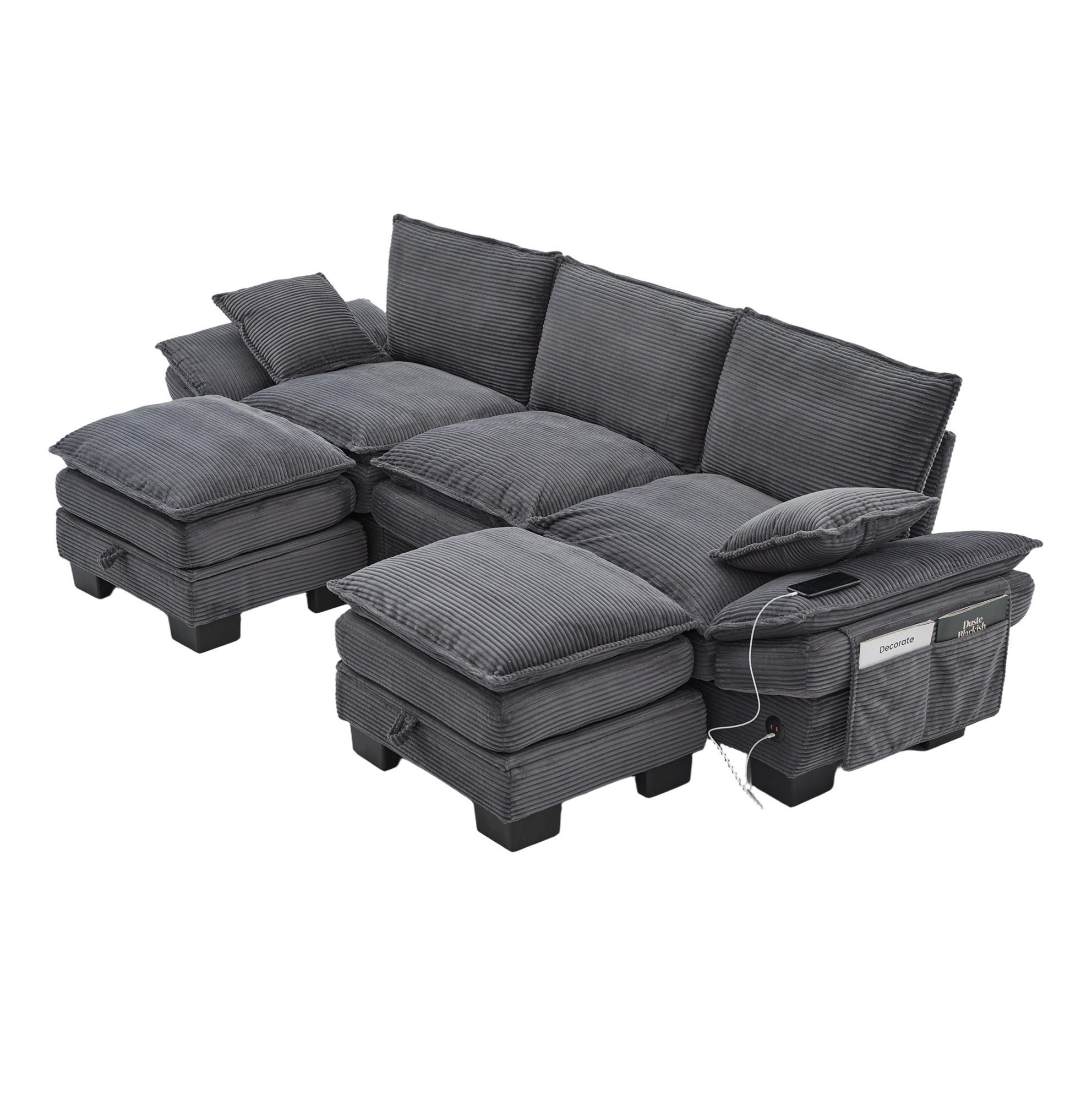 3-SITZER Sofa aus Cordstoff 260x132x84 cm in Dunkelgrau mit USB-C & Seitentaschen - Dunkelgrau, Textil (132/84/260cm) - Modfu