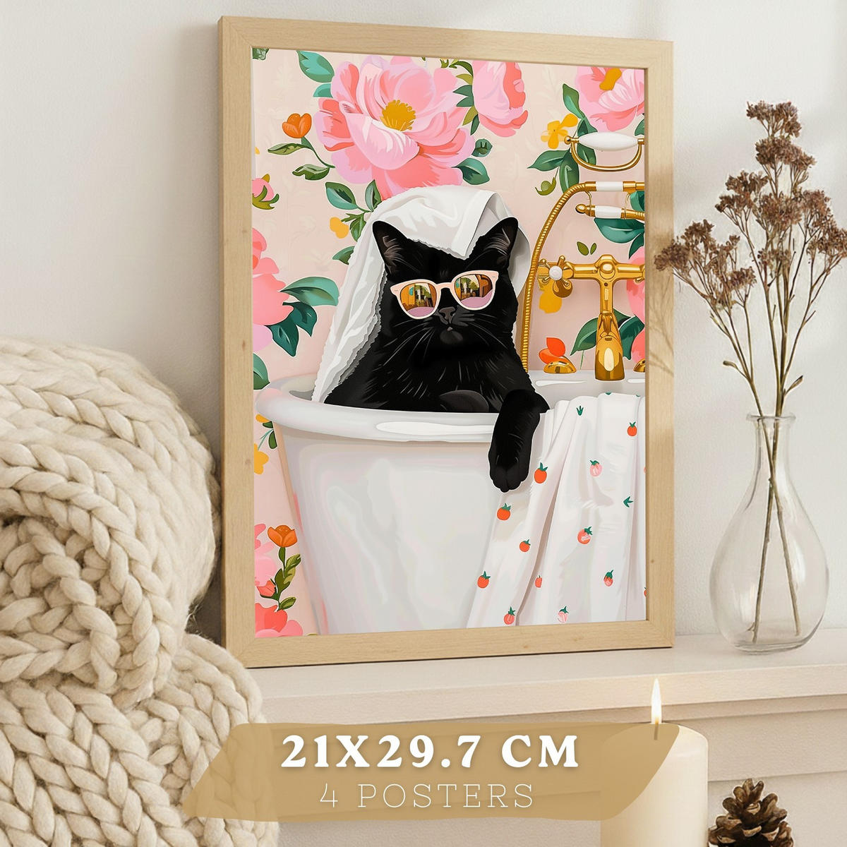 PLAKAT Sada 4 Kočky A3 bez rámu - čirá, papír (29.7/1/42cm) - Nacnic