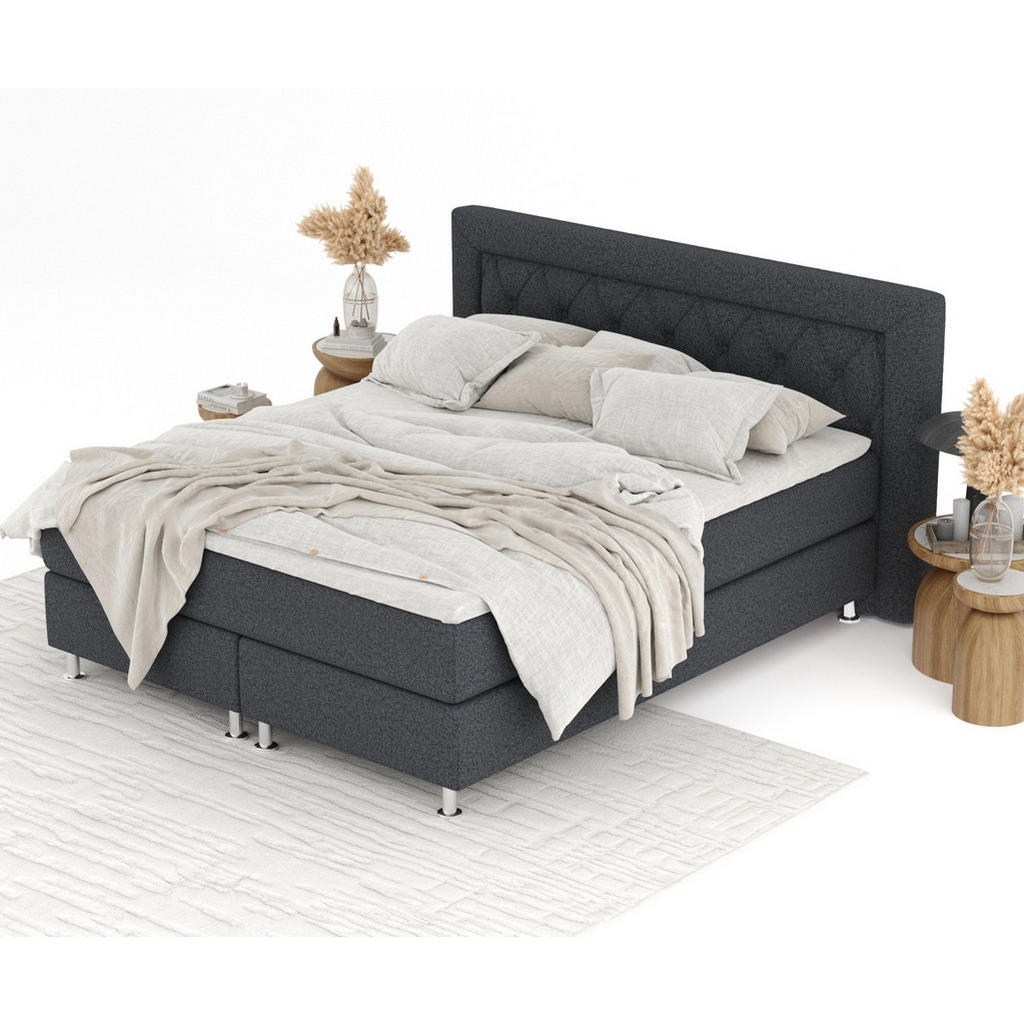 Thumbnail - Maison de Reve Boxspringbett, Schwarz, Textil, Buche, Kiefer, H3, Höhe ca. 21 cm, 160x200 cm, FSC 100%, Made in EU, Oeko...