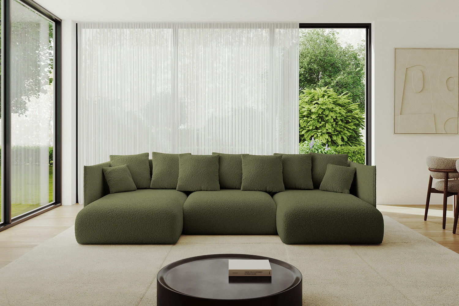 WOHNLANDSCHAFT mit Schlaffunktion und Bettkasten ONESK-U 304x165x40 Grün Bouclé - Grün, Holzwerkstoff/Kunststoff (304/90/165cm) - ALTDECOR