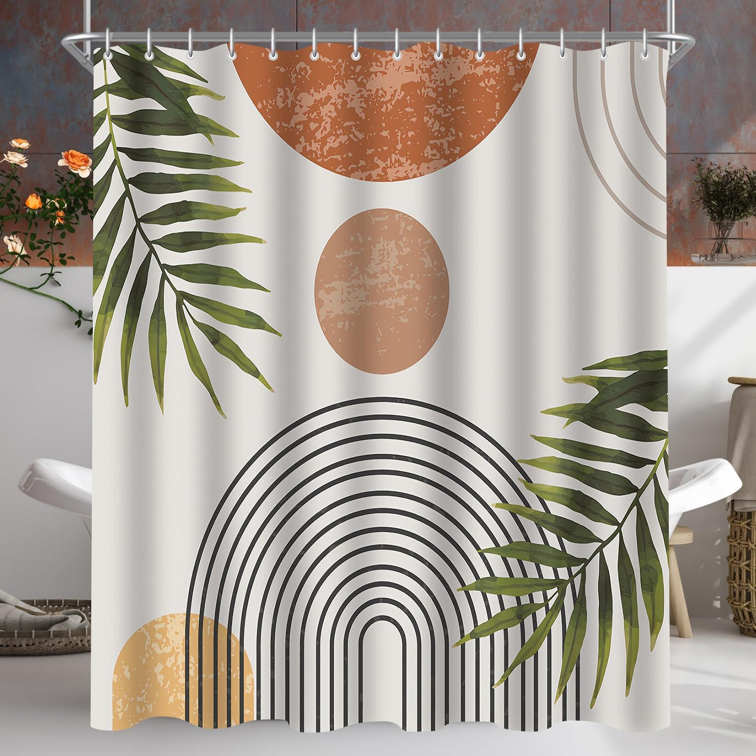 DUSCHVORHANG Blätter beschwerter Saum Polyester schimmelresistent mit Ringen - Multicolor, Textil (180/180cm) - MCBOSON